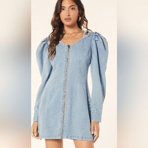 Denim Puff Long Sleeve Zip Front Blue Jean Dress Similar To Zara Fits Size 10-12
